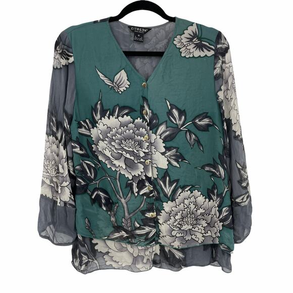 Citron Blouse Womens Size Medium Green Silk Floral V-Neck Button Santa Monica - Picture 1 of 9